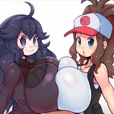 1boy, 2girls, big breasts, blue eyes, breasts, brown hair, clothed female nude male, double paizuri, eye contact, hairband, hat, hex maniac, hilda (pokemon), huge breasts, large breasts