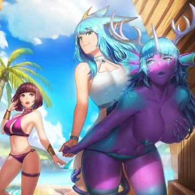 1futa, 2girls, animal ears, beach, bent over, big breasts, bottomless, cleavage, clothed, clothing, detailed background, dragon girl, duo focus, exhibitionism, exposed breasts