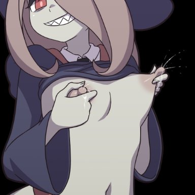 female, lactation, little witch academia, looking at viewer, manyakis, no bra, no panties, small breasts, smiling, squeezing nipple, sucy manbavaran