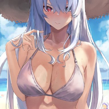 1girls, artist request, beach, belly, blush, hand in hair, highres, long hair, lucia (punishing: gray raven), punishing: gray raven, red eyes, robot girl, solo, straw hat, sweat