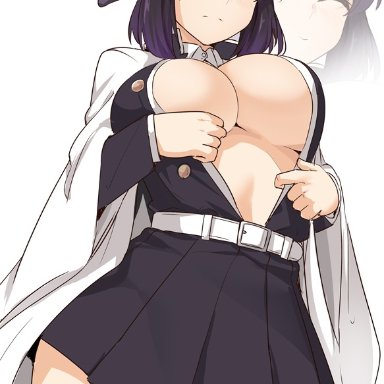 angry, big breasts, black hair, blush, cleavage, demon slayer, frown, kimetsu no yaiba, kochou shinobu, looking at viewer, no bra, open clothes, open shirt, panties, purple eyes