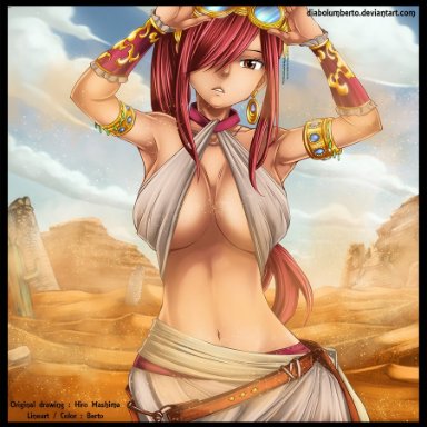 armlet, armpits, bocas top, bracelet, brown eyes, cedric humbert, desert, erza scarlet, fairy tail, goggles removed, hair over one eye, hiro mashima, hourglass figure, large breasts, looking at viewer