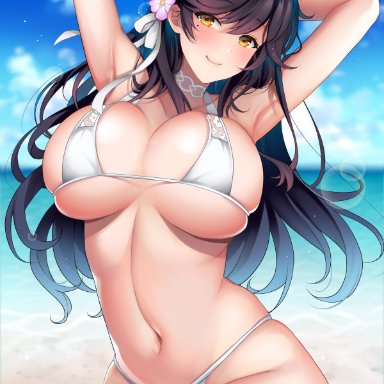 1girls, animal ears, armpits, arms behind head, arms up, atago (azur lane), atago (midsummer march) (azur lane), azur lane, bangs, bare shoulders, beach, beauty mark, belly, bikini, bikini bottom