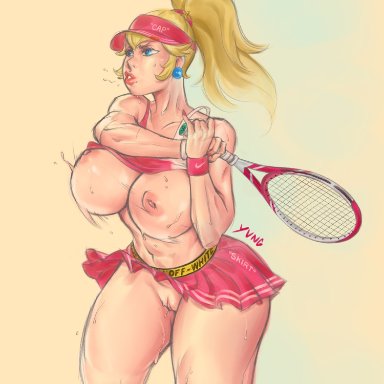 bimbo, busty, female, female focus, female only, hourglass figure, mario (series), mario tennis, nintendo, princess peach, solo, tagme, tennis, tennis ball, tennis racket