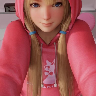 1boy, 1girl, 3d, animated, blender (software), blonde hair, blue eyes, bottomless, dead or alive, dead or alive 5, hetero, hoodie, lazyprocrastinator, light-skinned female, light-skinned male