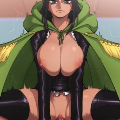 arm support, artist name, assertive female, bangs, black hair, black jacket, black legwear, bottomless, breast squeeze, breasts, cape, censored, closed mouth, collarbone, colored pubic hair