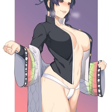 big breasts, black hair, blush, butterfly hair ornament, cowboy shot, demon slayer, dyun, female, female only, fundoshi, kimetsu no yaiba, kochou shinobu, open shirt, partially clothed, purple eyes