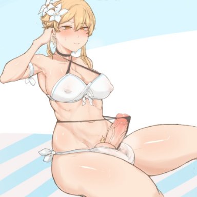 1futa, armpits, ball squish, balls, big balls, big breasts, big penis, bikini, blonde hair, blush, breasts, censored, clothed, clothing, flower in hair