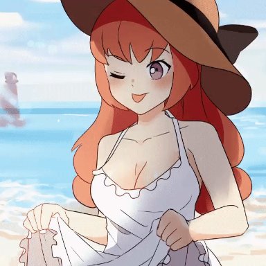 1boy, 1girls, animated, animated gif, areolae, assisted exposure, beach, beach hat, beachside, big breasts, blush, blushing, bouncing breasts, breasts, breasts out