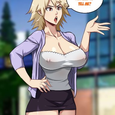 big ass, big boobs, big breasts, big butt, blonde hair, cleavage, erect nipples, kyoffie, mitsuki bakugou, my hero academia, panties, seductive, seductive smile, skirt, thick thighs