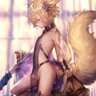 2boys, androgynous, erection, femboy, fox, fox ears, fox tail, granblue fantasy, kitsune, kitsunemimi, kou (granblue fantasy), nipples, penis, precum, revealing clothes