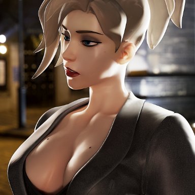 blonde hair, cleavage, highres, inner sideboob, lipstick, major guardian, mercy, overwatch, sideboob