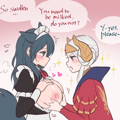 2girls, animal ears, animal tail, blush, breast grab, breasts outside, byleth (fire emblem), byleth (fire emblem) (female), catgirl, dog ears, dog tail, double breast grab, edelgard von hresvelg, english text, femdom