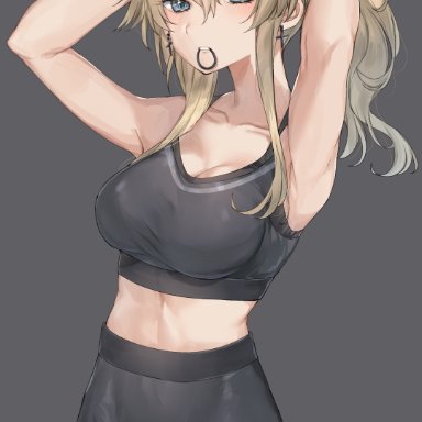 armpits, arms behind head, arms up, artist name, bare shoulders, black legwear, black pantyhose, blonde hair, bra, breasts, clavicle, cleavage, crop top, cross, cross (symbol)