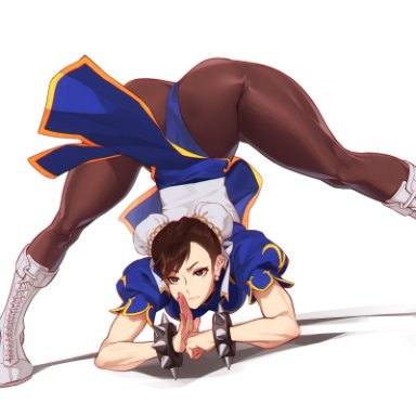 1girls, brown eyes, brown hair, capcom, chinese clothes, chun-li, face down ass up, feguimel, female, female only, hair buns, hi res, jack-o pose, jackochallenge, pantyhose