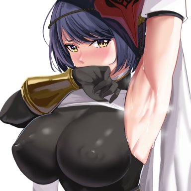 1girls, armpits, big breasts, blue hair, blush, breasts, eye contact, female, genshin impact, gloves, huge breasts, kujou sara (genshin impact), large breasts, looking at viewer, loooyd