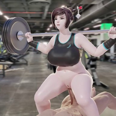 1boy, 1girls, animated, bottomless, brown hair, chubby, girl on top, gym, gym uniform, hair ornament, huge breasts, mei (overwatch), overwatch, sound, sports bra