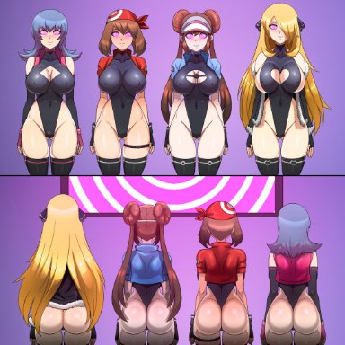 4girls, armwear, ass, back view, bandana, blonde hair, blue hair, boob window, brainwashing, brown hair, cleavage, commandcode, cynthia (pokemon), double bun, double view