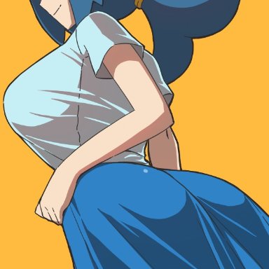 1girls, big ass, big breasts, blue eyes, blue hair, clothing, female, female only, freckles, hair ornament, lana's mother (pokemon), looking at viewer, looking back, mature, mature female