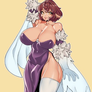 1futa, arm up, bare shoulders, big breasts, breasts, bulge, cleavage, clothed, clothing, dress, elbow gloves, fully clothed, futa only, futanari, gloves