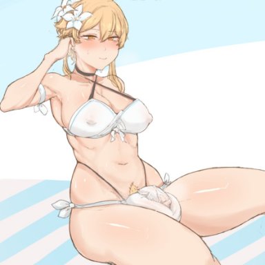 1futa, armpits, ball squish, balls, big balls, big breasts, bikini, blonde hair, blush, breasts, bulge, clothed, clothing, flower in hair, futa only