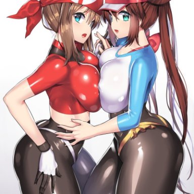 2girls, alternate breast size, ass, bandana, belly, big ass, bike shorts, blue eyes, breast frottage, breast press, breasts, brown hair, cleavage, double bun, eye contact