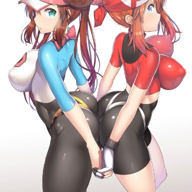 2girls, adapted costume, alternate breast size, ass, ass to ass, back to back, bandana, big ass, big breasts, bike shorts, blue eyes, breasts, bubble butt, erect nipples, female only