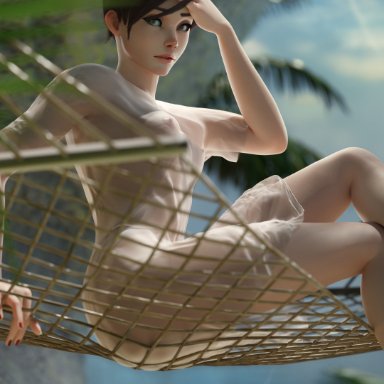 1girls, 3d, beach, blender, blouse, cute, female, female only, lena oxton, looking at viewer, overwatch, qtria, see-through clothing, tracer, wet clothes