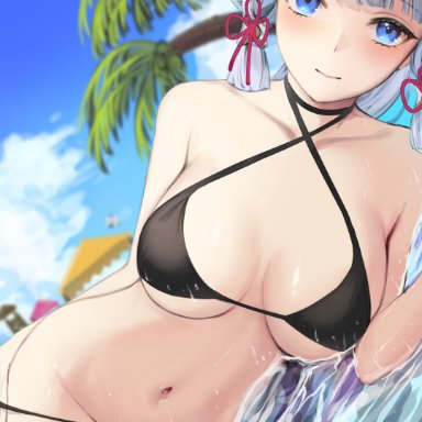 1girls, ayaka (genshin impact), belly button, bikini, black bikini, blue eyes, blunt bangs, blush, cleavage, female, female only, genshin impact, grey hair, groin, hi res