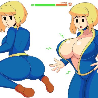 2021, big ass, big breasts, blonde hair, breast expansion, breast growth, breasts, fallout, jumpsuit, radiation, saltynoodles, short hair, text, vault girl, vault meat