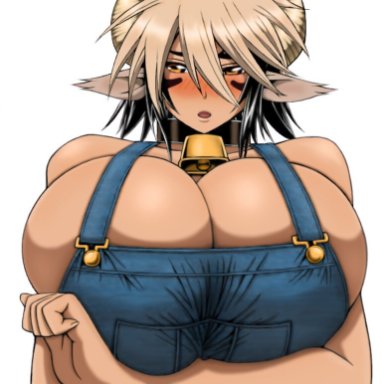 apron, cathyl, cleavage, colorized, curvy, female, gigantic breasts, horns, huge breasts, manga, minotaur, monster girl, monster musume no iru nichijou, nervous, okayado