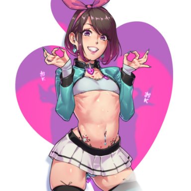 1boy, choker, crop top, darkness sato, earrings, hair ribbon, hairbow, highleg panties, looking at viewer, miniskirt, navel piercing, original, short hair, simple background, skindentation