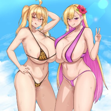 2girls, :p, ahoge, animal print, areola slip, areolae, arm behind head, bangs, bikini, blonde hair, blue sky, boryeon, breast press, breasts, breath