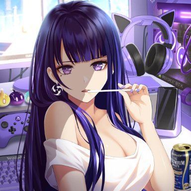 1girls, absurd res, alcohol, beauty mark, beer, breasts, busty, cat ears, cleavage, clothing, computer, controller, drink, ear piercing, earrings