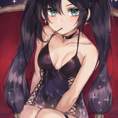 alternative costume, bangs, bare shoulders, bent knees, black dress, black hair, blush, bow, breasts, choker, clavicle, cleavage, couch, dress, earrings