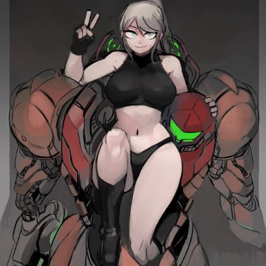 1girls, 2021, 33dot, bare legs, bare midriff, belly button, big breasts, breasts, looking at viewer, metroid, nintendo, samus aran, solo, solo female, tagme