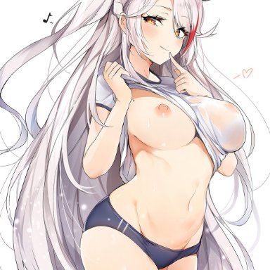 ahoge, azur lane, bangs, black legwear, blue buruma, blush, breasts, breasts out of clothes, buruma, closed mouth, cowboy shot, eighth note, eyebrows visible through hair, female, female