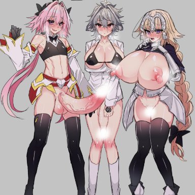 1boy, 1futa, 1girls, astolfo (fate), big nipples, fate/apocrypha, fate/grand order, fate (series), femboy, full-package futanari, futanari, huge breasts, huge cock, jeanne d'arc (fate), sieg (fate/apocrypha)