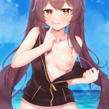 ahoge, ass visible through thighs, bangs, black jacket, blue sky, blush, bottomless, breasts, brown hair, censored, collarbone, contrapposto, cowboy shot, dated, day