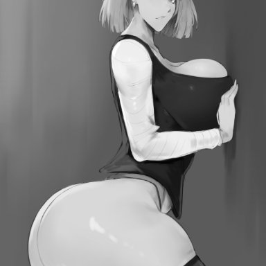 1girls, alternate version available, android 18, cameltoe, cleavage, curvy, dragon ball, erect nipples, female, huge areolae, huge ass, huge breasts, kisou, monochrome, puffy nipples