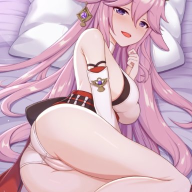 :d, animal ears, ass, bare legs, bare shoulders, barefoot, bed sheet, blush, breasts, cameltoe, detached sleeves, earrings, eyebrows, female, floppy ears