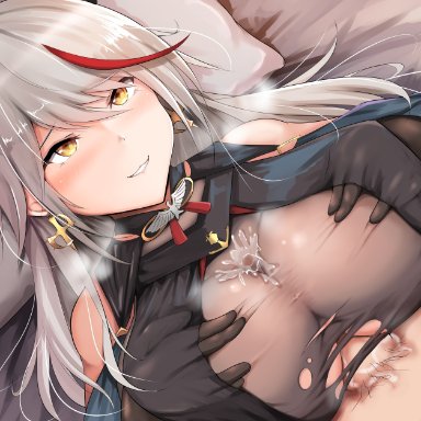 1boy, aegir (azur lane), after paizuri, azur lane, bare shoulders, black gloves, bodystocking, breast curtains, breasts, cross, cross earrings, cum, cum on body, cum on breasts, cum on clothes