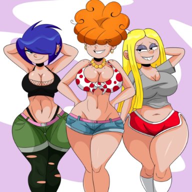 3girls, ass, ass, big ass, big breasts, blonde hair, blue hair, breasts, buckteeth, crop top, curvy, dat ass, ed edd n eddy, female, freckles