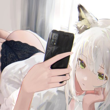 animal ear fluff, animal ears, arknights, ass, bangs, barefoot, bed, black panties, black underwear, cellphone, clothing, eyebrows visible through hair, fanart, fanart from pixiv, feet