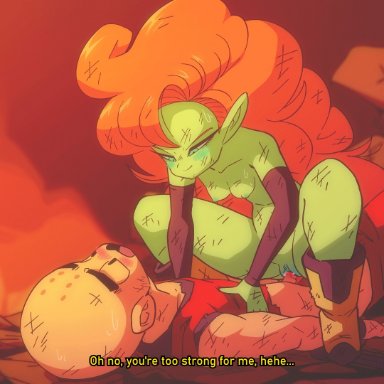 1boy, 1girls, alien, animated, bald, blush, breasts, cowgirl position, diives, dragon ball, dragon ball z, english text, femdom, green eyes, green skin