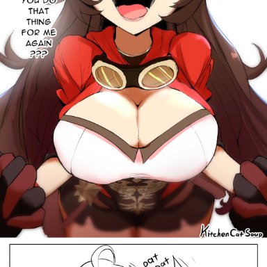 1boy, 1girls, 2021, 2koma, ^ ^, absurd res, aether (genshin impact), ahoge, amber (genshin impact), artist name, black gloves, blush, bow, breasts, brown hair