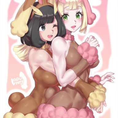 2girls, blush, breasts, evuoaniramu, female, female only, lillie (pokemon), lopunny (cosplay), mizuumi (bb), pokemon, pokemon sm, selene (pokemon)