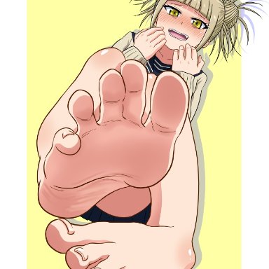 1girls, blonde hair, blush, embarrassed, feet, foot fetish, foot focus, himiko toga, looking at viewer, my hero academia, nush advance, school uniform, simple background, skirt, sole female