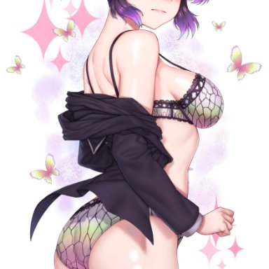 angry, big breasts, blush, bra, butterfly hair ornament, demon slayer, embarrassed, kimetsu no yaiba, kochou shinobu, looking at viewer, looking back, panties, pants down, purple eyes, purple hair