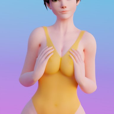 3d, 3d (artwork), belly button, big breasts, blizzard entertainment, bodysuit, brown eyes, brown hair, cameltoe, cleavage, diescope, hand on breast, hi res, hips, hourglass figure